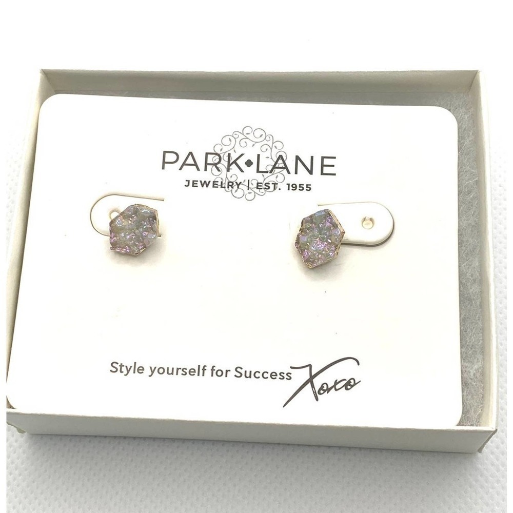 Park Lane Hailee Earrings White Iridescent Druzy Inspired Gold Finish